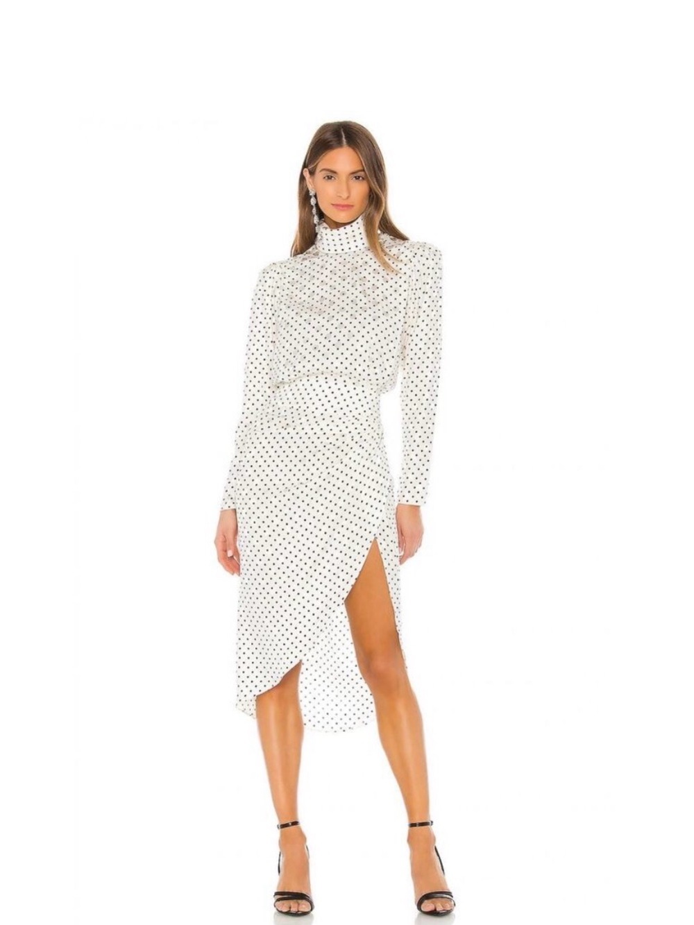 NWOT Ronny Kobo White Polka Dot High-Neck Long Sleeve Dress